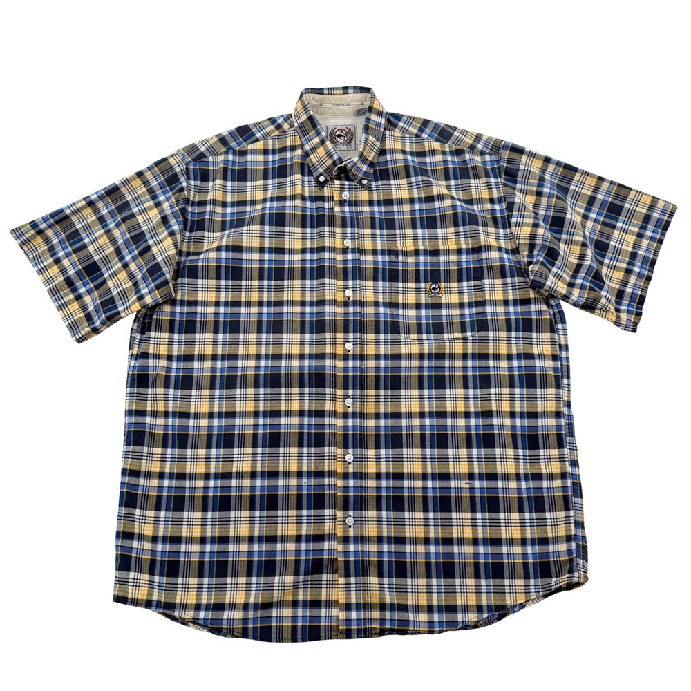 Cinch Mens XL Short Sleeve Plaid Button Down Shirt Navy Yellow Cotton Western